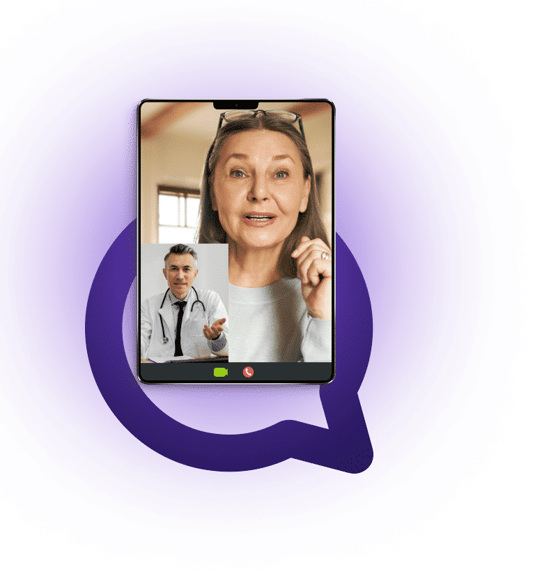 Uma mulher e um médico estão em uma videochamada de telemedicina exibida na tela de um smartphone