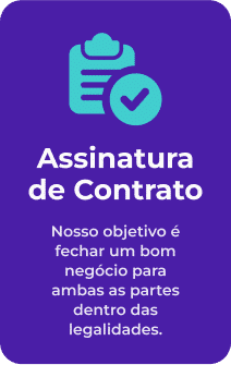 Banner roxo escrito: "Assinatura de Contrato. Nosso objetivo é fechar um bom negócio para ambas as partes dentro das legalidades".
