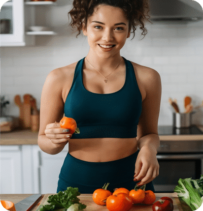 Uma mulher está em uma cozinha segurando um tomate. A mesa na frente dela exibe vários vegetais, incluindo tomates, alface e brócolis