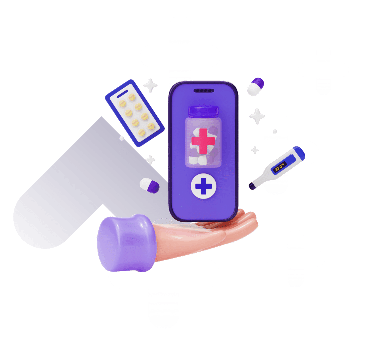 Ilustração 3D de um smartphone exibindo fraco de remédio e uma cruz, flutuando sobre uma mão. Os elementos ao redor incluem um termômetro e capsulas