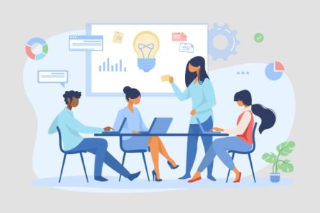 4 pessoas sentadas em uma mesa de escritorio para ilustrar estrategias de endomarketing