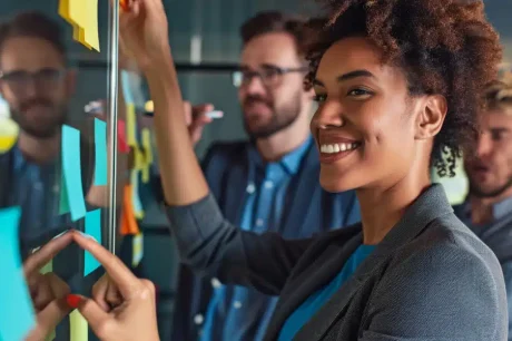 Uma mulher e dois homensa em um ambiente corporativo. Eles estão analisando um quadro de ideias para as tendências para RH