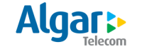 Logotipo da Algar Telecom com a palavra Algar em letras azuis em negrito, Telecom em cinza e três formas triangulares em verde, amarelo e azul à direita