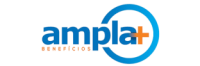 Logotipo da Ampla+ benefícios em azul e laranja abaixo. Um círculo azul envolve parcialmente o texto, com o símbolo + à direita laranja