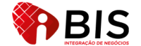 Logotipo da BIS Integração de Negócios, em preto e vermelho. Na esquerda há uma forma em vermelho com um i em branco dentro.