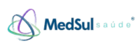 Logotipo da MedSul Saúde com anéis entrelaçados em degradê à esquerda e o nome em texto azul e turquesa à direita