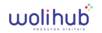 Logotipo com a inscrição wolihub em letras minúsculas, com produtos digitais abaixo. Acima da letra b, um conjunto de quatro pequenos círculos coloridos — rosa, amarelo, azul e verde