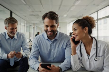 Dois homens sorrindo olham para um smartphone e uma médica de jaleco branco está ao telefone para ilustrar a telemedicina na saúde corporativa